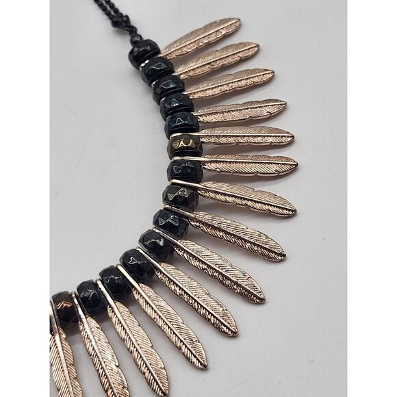 Charming Charlie Black Gold Tone Feather Dangle Fringe Statement Necklace - Picture 4 of 7